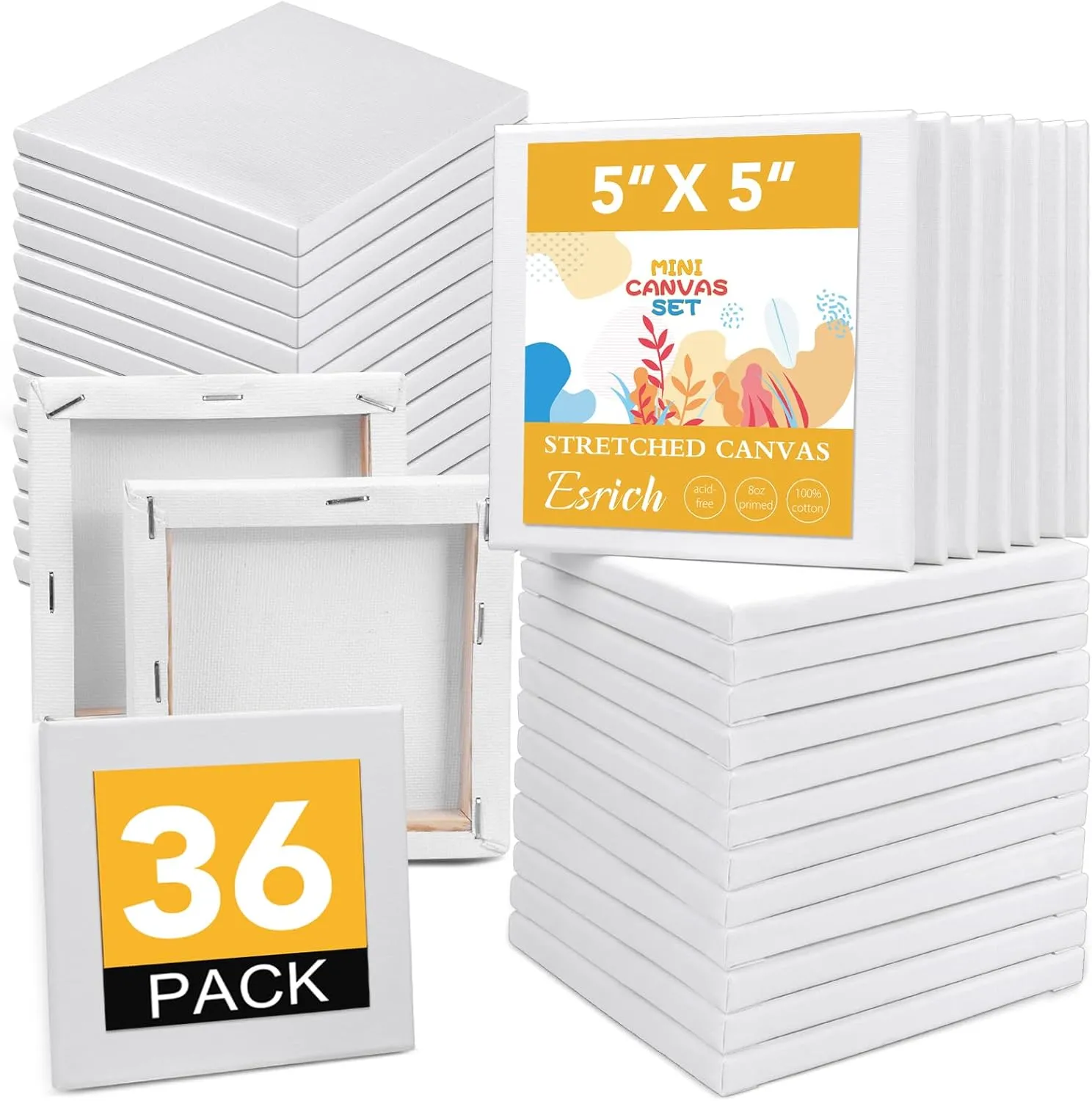 ESRICH Small Canvas Pack of 36, 5x5In Blank Canvases for Painting, Home Decor Projects