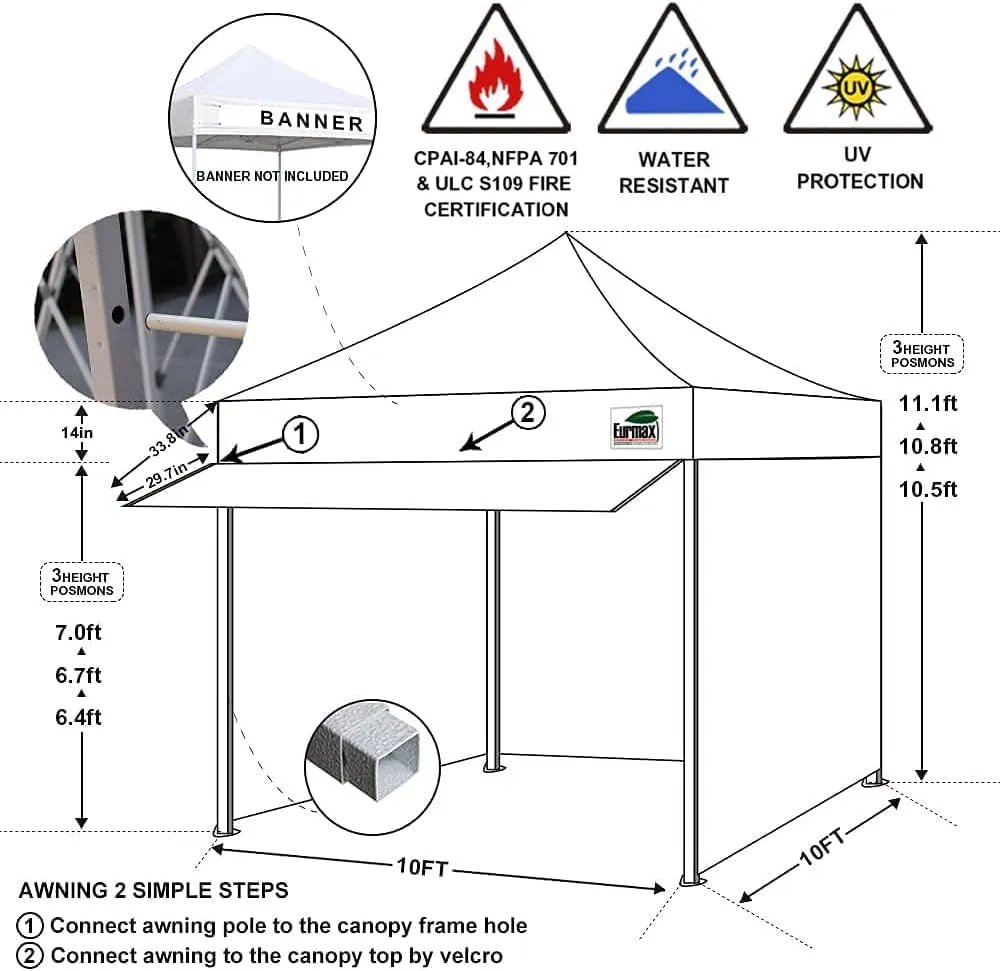 Eurmax USA 10 x 10 Pop up Canopy Commercial Tent Outdoor Party Canopies with 4 Removable Zippered Sidewalls and Roller Bag Bonus 4 Canopy Sand Bags & 24 Squre Ft Extended Awning(Grey)