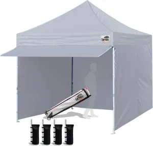 Eurmax USA 10 x 10 Pop up Canopy Commercial Tent Outdoor Party Canopies with 4 Removable Zippered Sidewalls and Roller Bag Bonus 4 Canopy Sand Bags & 24 Squre Ft Extended Awning(Grey)