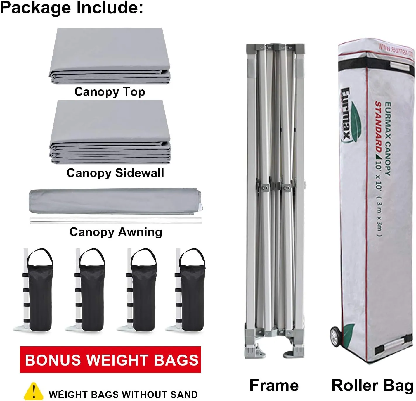 Eurmax USA 10 x 10 Pop up Canopy Commercial Tent Outdoor Party Canopies with 4 Removable Zippered Sidewalls and Roller Bag Bonus 4 Canopy Sand Bags & 24 Squre Ft Extended Awning(Grey)
