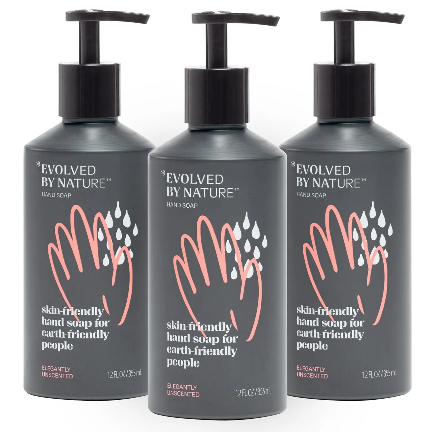 Evolved By Nature Liquid Hand Soap, 12 Oz (Charcoal, Pack of 3), Unscented- Biodegradable Formula