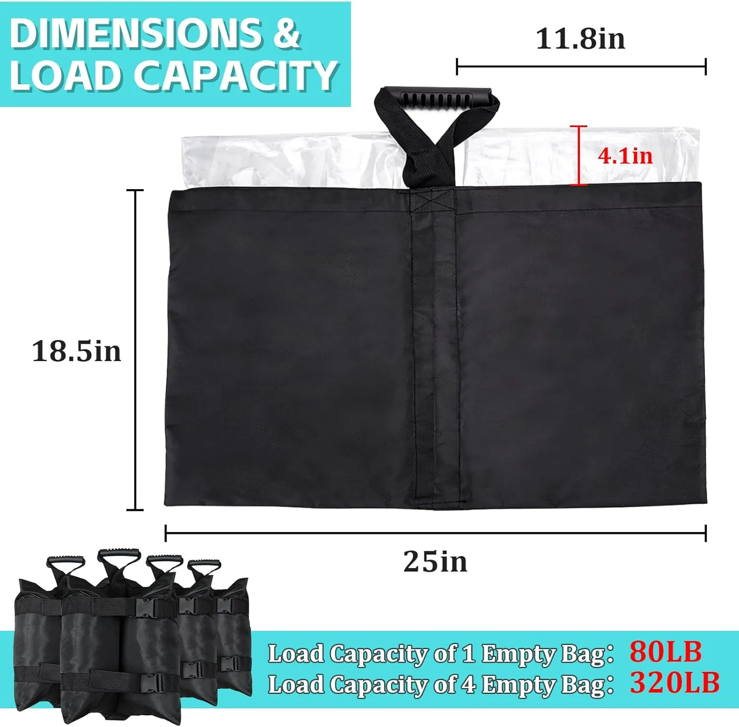 Extra Large 320LB Canopy Sandbags Weight Bags with Inner Plastic Bag(4-Pack), Upgraded Full-Sized Hook & Loop, Heavy Duty Leg Weights Sand Bags for Gazebo, Pop up Tents, Patio Umbrellas