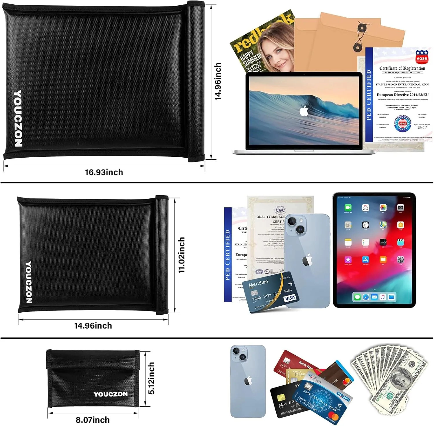 Faraday Bags Fire Water Resistant-Block Signals, 3 Pack Faraday Bags Effective Against Hacking, Tracking, NFC/WiFi/Bluetooth, Faraday Cage Suitable Laptops, Phones (3PCS, Black)