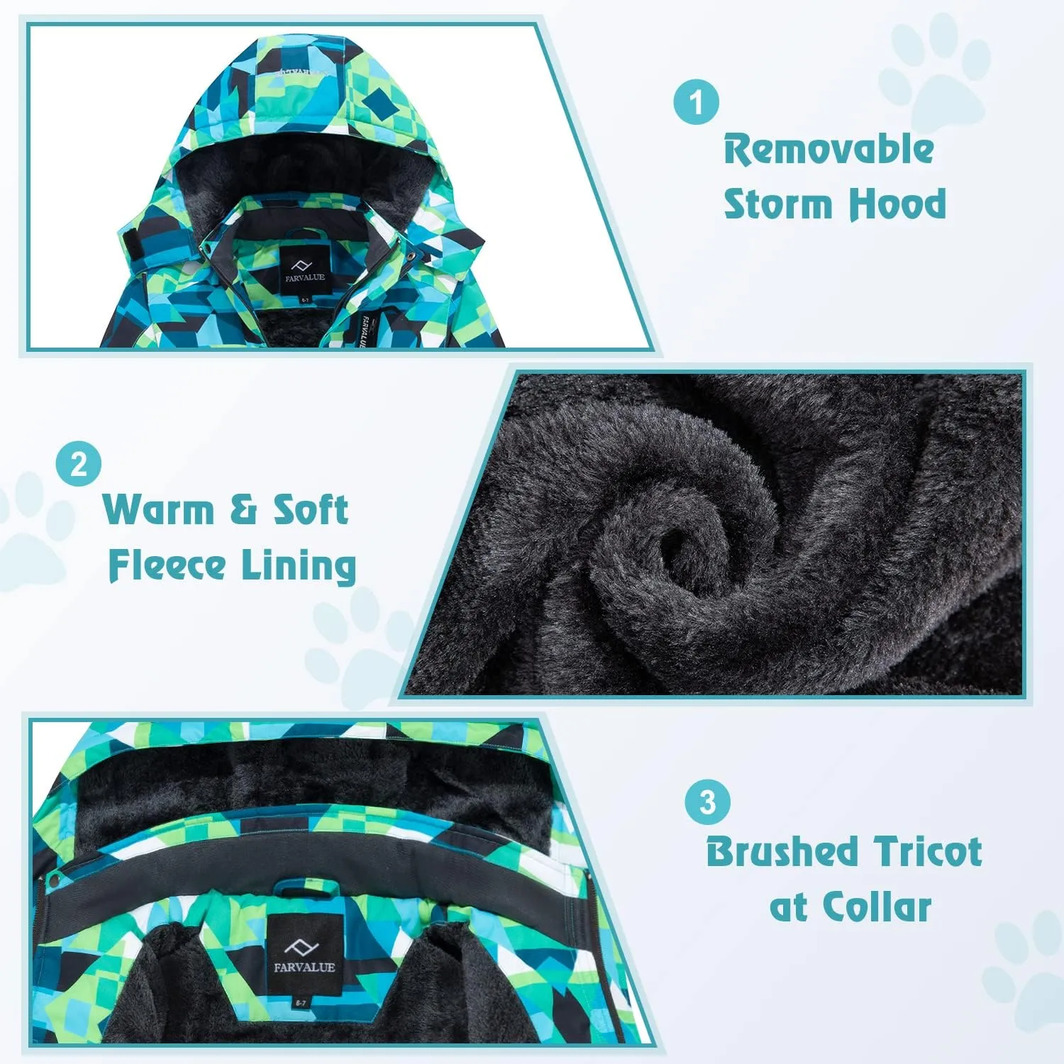 FARVALUE Boys Waterproof Ski Jacket Windproof Winter Coat Warm Snow Coat Outdoor Raincoats Hooded Windbreaker