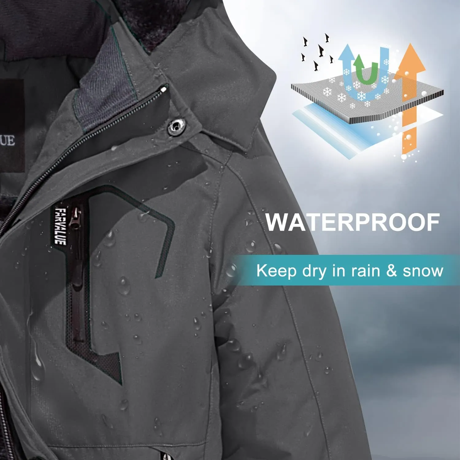 FARVALUE Boys Waterproof Ski Jacket Windproof Winter Coat Warm Snow Coat Outdoor Raincoats Hooded Windbreaker