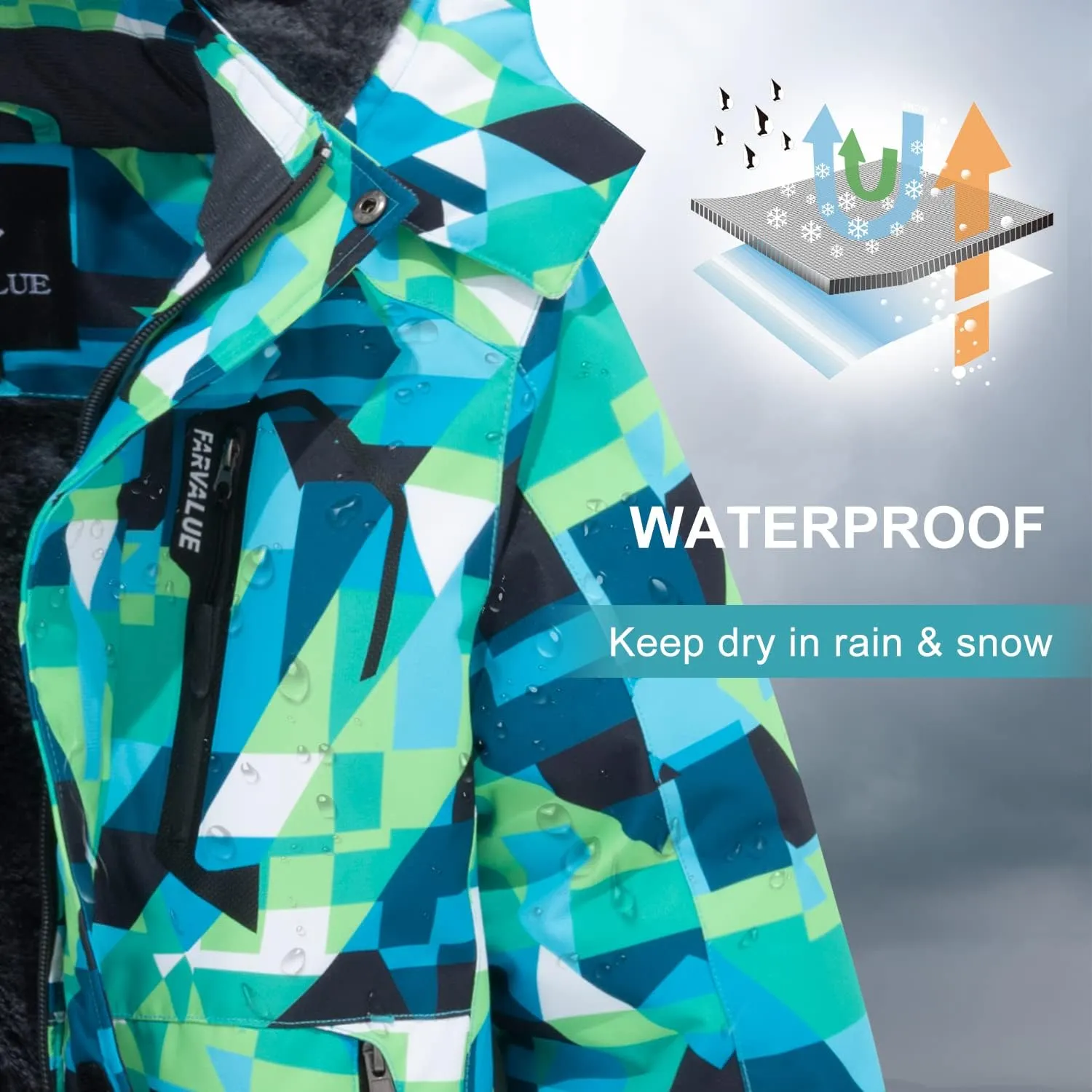 FARVALUE Boys Waterproof Ski Jacket Windproof Winter Coat Warm Snow Coat Outdoor Raincoats Hooded Windbreaker