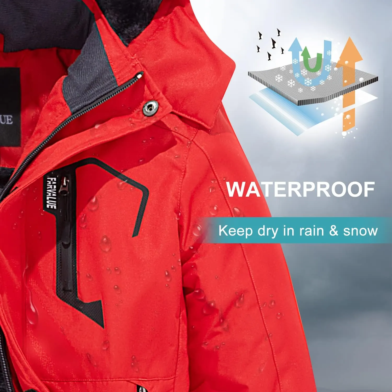 FARVALUE Boys Waterproof Ski Jacket Windproof Winter Coat Warm Snow Coat Outdoor Raincoats Hooded Windbreaker
