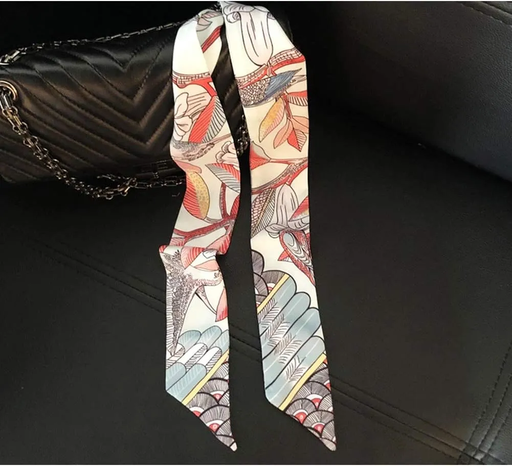 Fashion Natural Flower Bird Printing Handbag Handle Ribbon Scarf Neck Scarf for Women