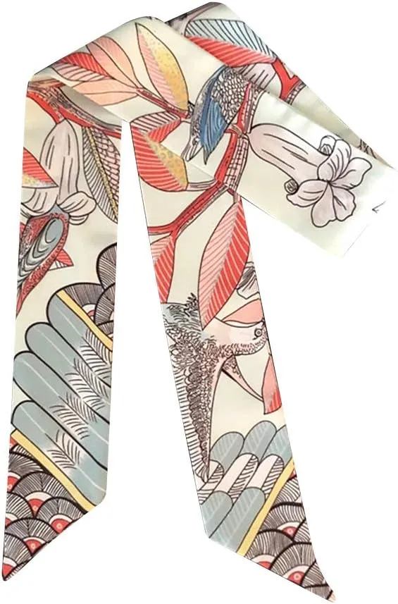 Fashion Natural Flower Bird Printing Handbag Handle Ribbon Scarf Neck Scarf for Women