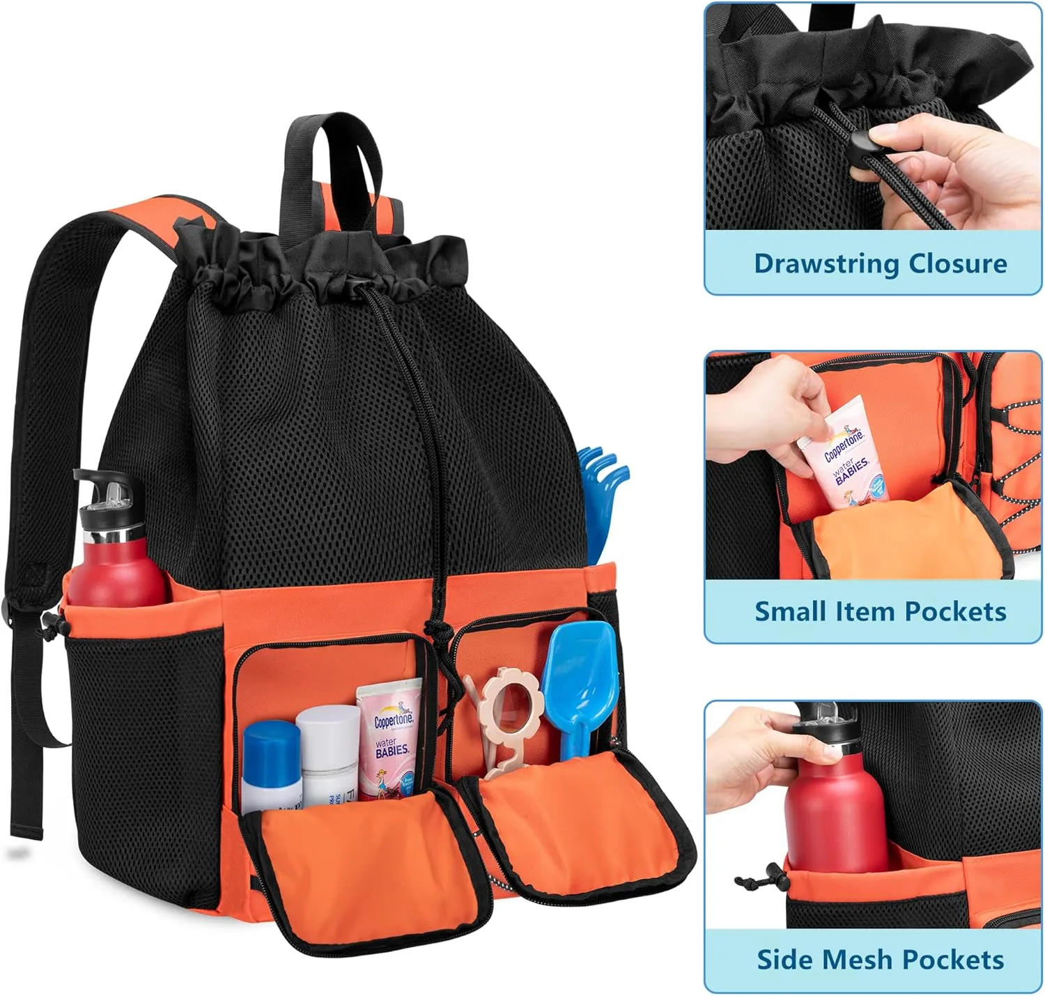 Fasrom Mesh Beach Bag Backpack with Waterproof Bag and Pocket, Large Drawstring Swim Backpack for Travel, Gym and Pool Sports