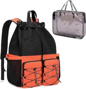 Fasrom Mesh Beach Bag Backpack with Waterproof Bag and Pocket, Large Drawstring Swim Backpack for Travel, Gym and Pool Sports
