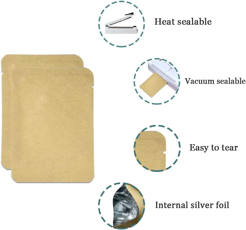 FERENLI 500 Pieces 3.9x5.9 inch (Usable Size 3.5x5.5 inch) Kraft Paper Open Top Vacuum Sealable Bags Mylar Foil Heat Seal Pouches for Sample Food Storage Packaging with Tear Notches