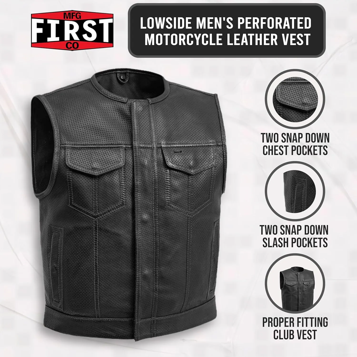 First Mfg Co - Lowside - Mens Motorcycle Biker Riding Canvas, Leather, Twill, Perforated Leather Vest