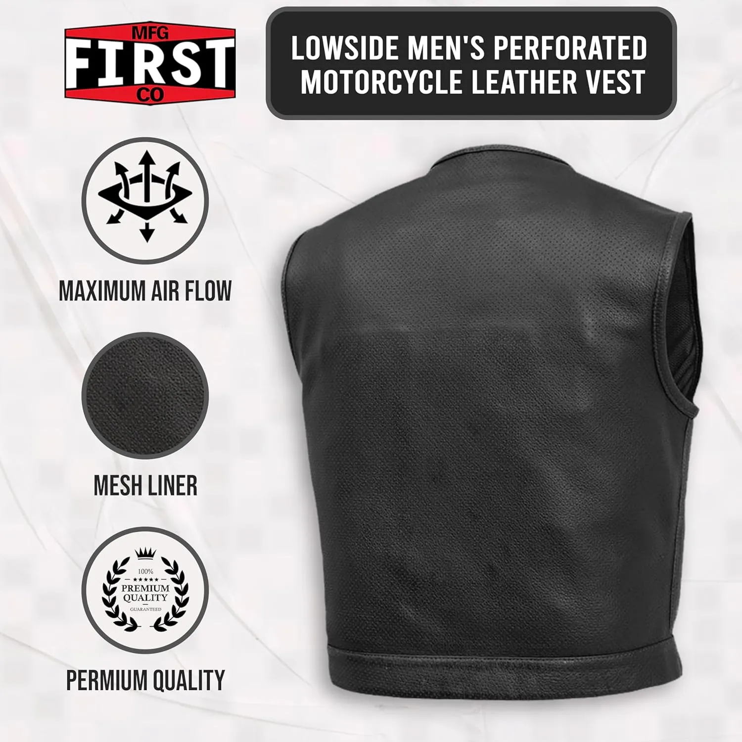 First Mfg Co - Lowside - Mens Motorcycle Biker Riding Canvas, Leather, Twill, Perforated Leather Vest