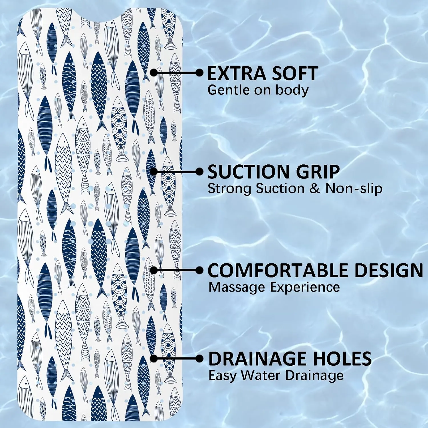 Fish Bathtub Mat Non Slip, Boho Baby Bath Mat for Tub Rubber Tub Mat, Cute Kids Bath Mats for Bathroom Ocean Anti Slip Shower Mat with Suction and Drain Holes Machine Washable, 39.5″X15.8″