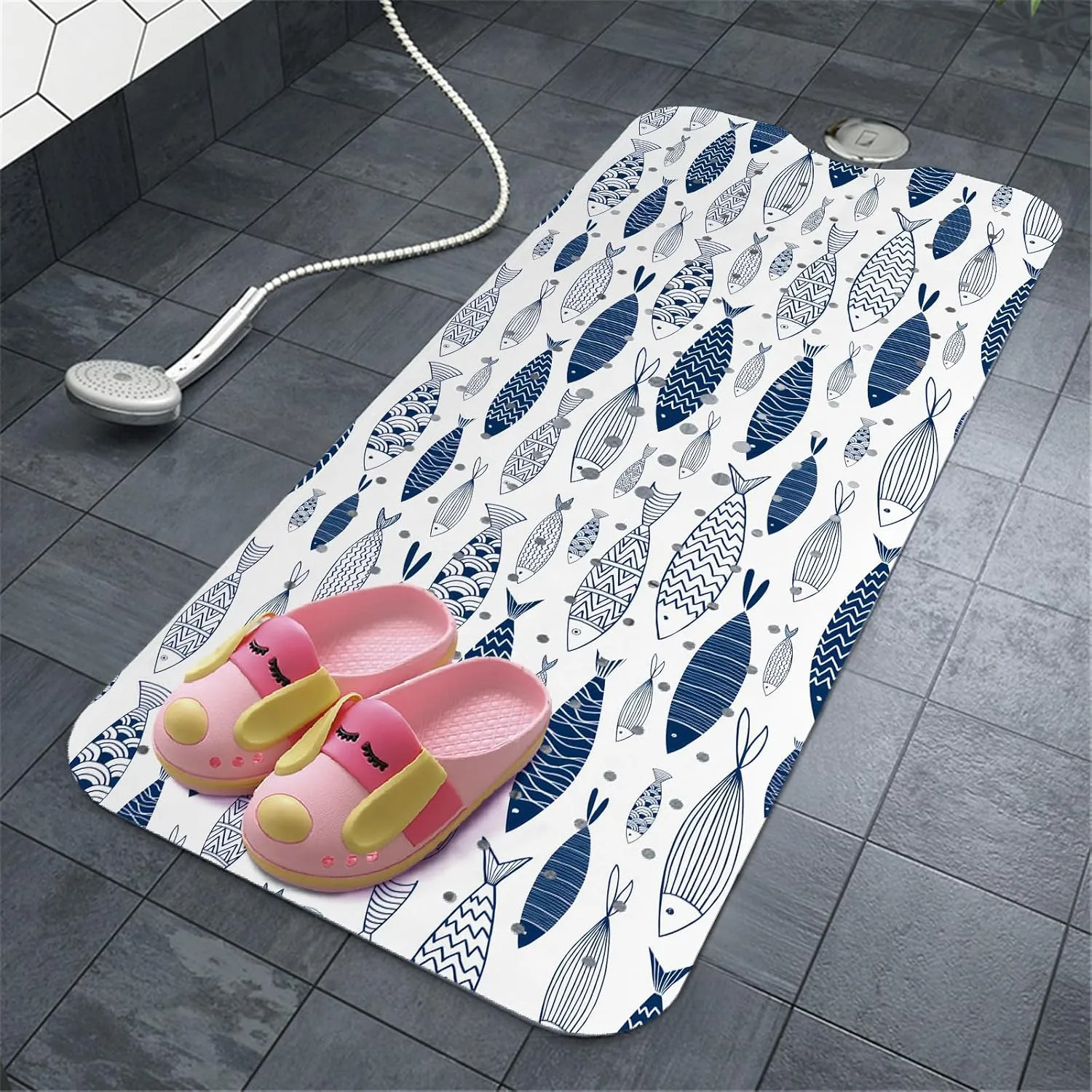 Fish Bathtub Mat Non Slip, Boho Baby Bath Mat for Tub Rubber Tub Mat, Cute Kids Bath Mats for Bathroom Ocean Anti Slip Shower Mat with Suction and Drain Holes Machine Washable, 39.5″X15.8″