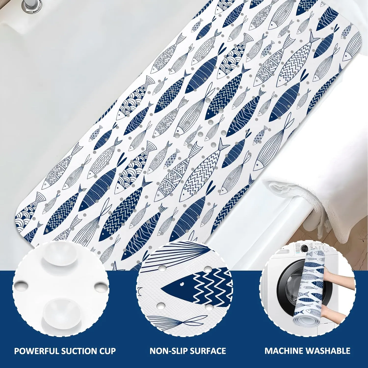 Fish Bathtub Mat Non Slip, Boho Baby Bath Mat for Tub Rubber Tub Mat, Cute Kids Bath Mats for Bathroom Ocean Anti Slip Shower Mat with Suction and Drain Holes Machine Washable, 39.5″X15.8″