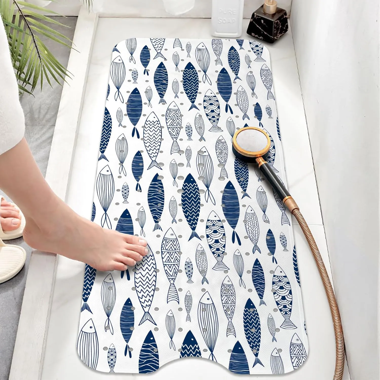 Fish Bathtub Mat Non Slip, Boho Baby Bath Mat for Tub Rubber Tub Mat, Cute Kids Bath Mats for Bathroom Ocean Anti Slip Shower Mat with Suction and Drain Holes Machine Washable, 39.5″X15.8″