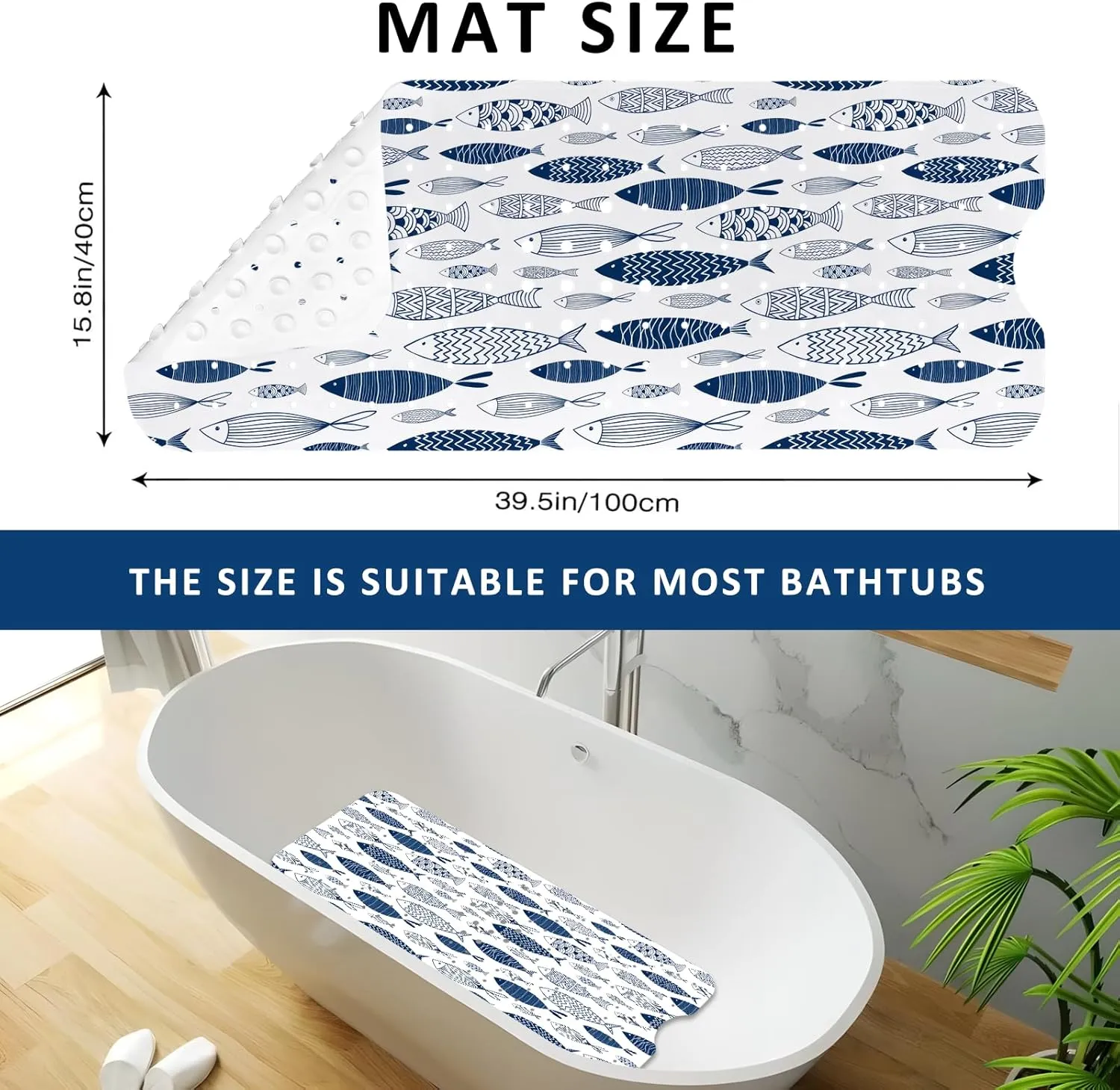 Fish Bathtub Mat Non Slip, Boho Baby Bath Mat for Tub Rubber Tub Mat, Cute Kids Bath Mats for Bathroom Ocean Anti Slip Shower Mat with Suction and Drain Holes Machine Washable, 39.5″X15.8″