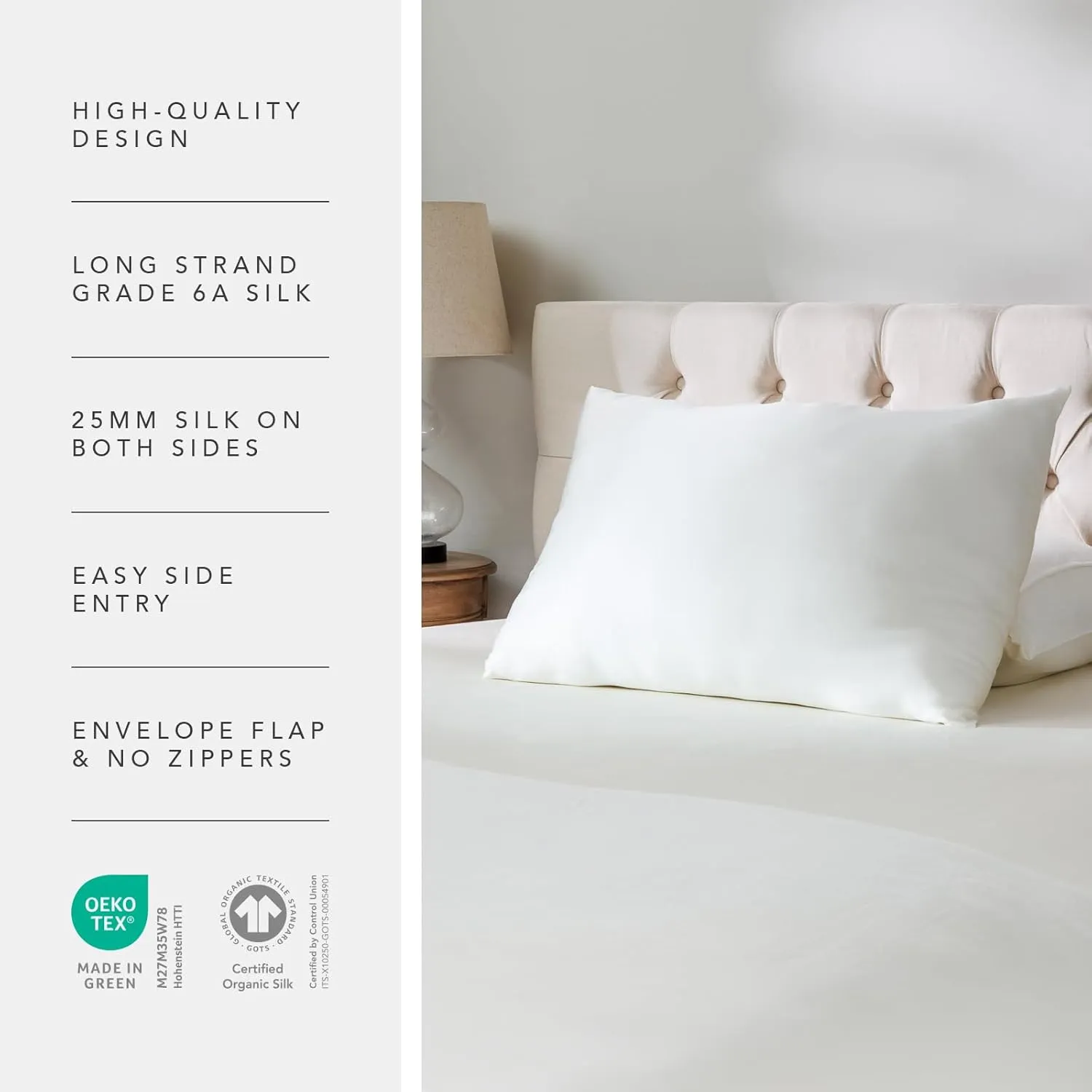 Fishers Finery 25mm 100% Certified Organic Mulberry Silk Pillowcase (Natural Undyed White, S)