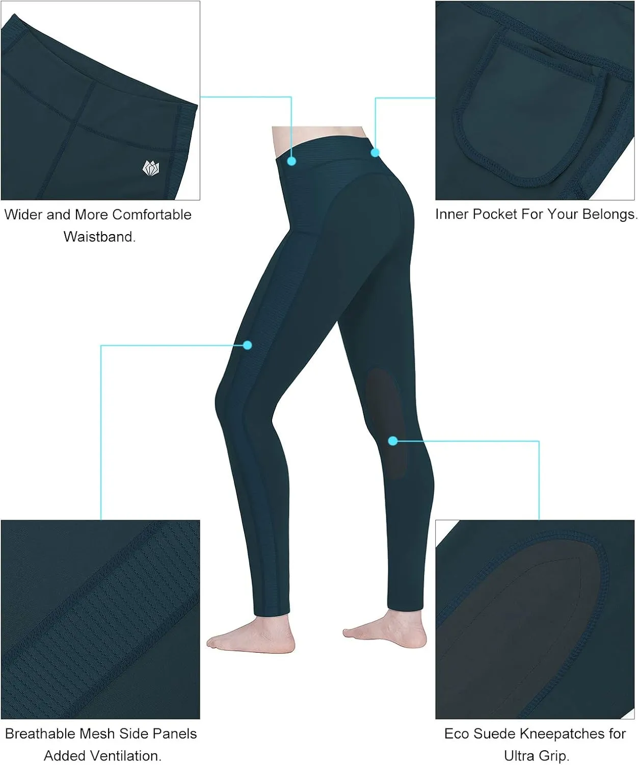 FitsT4 Sports Women's Riding Tights Knee Patch Ventilated Active Schooling Tights