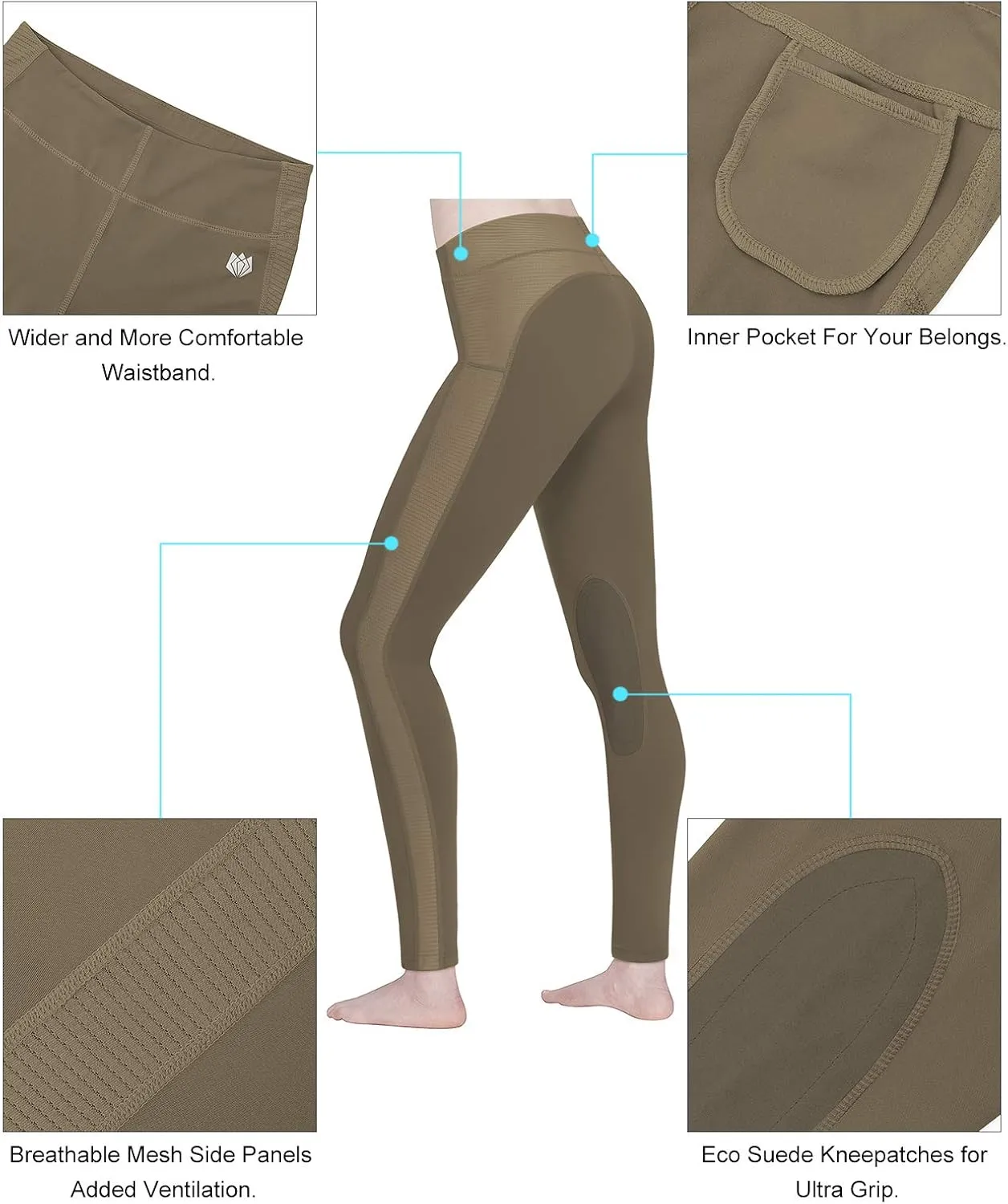 FitsT4 Sports Women's Riding Tights Knee Patch Ventilated Active Schooling Tights