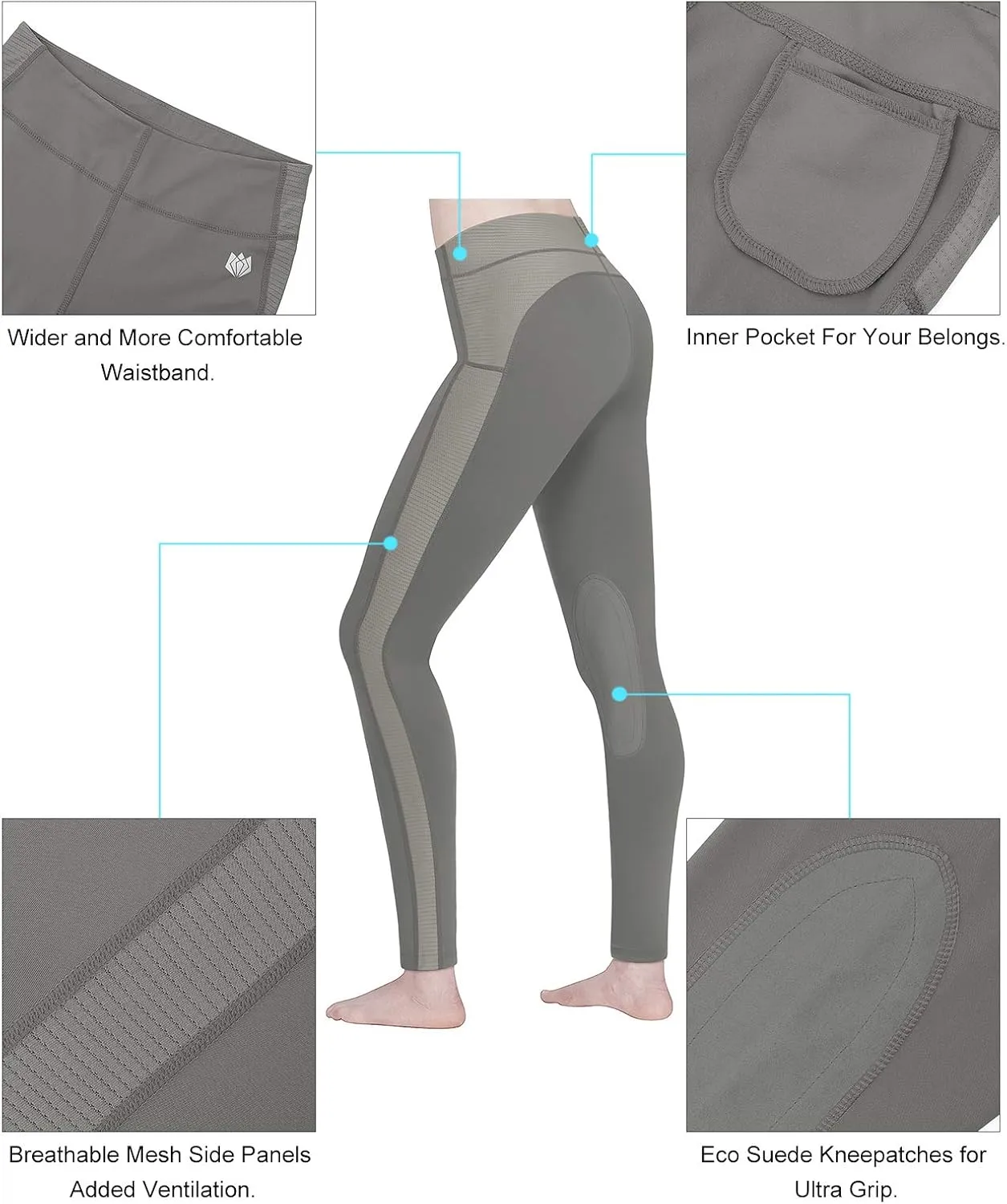 FitsT4 Sports Women's Riding Tights Knee Patch Ventilated Active Schooling Tights