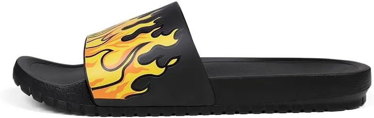 Flame Print Rubber Slippers Men,Flat Slide Sandals, Indoor Outdoor, Black with Yellow Fire Design, Large Size,