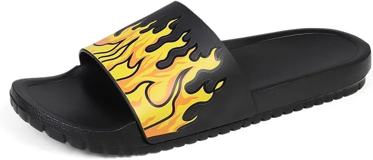 Flame Print Rubber Slippers Men,Flat Slide Sandals, Indoor Outdoor, Black with Yellow Fire Design, Large Size,