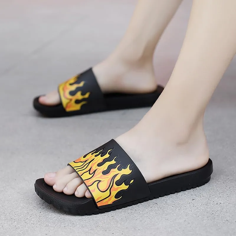 Flame Print Rubber Slippers Men,Flat Slide Sandals, Indoor Outdoor, Black with Yellow Fire Design, Large Size,