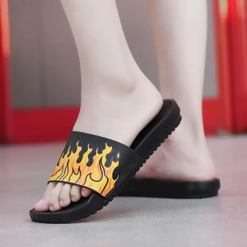 Flame Print Rubber Slippers Men,Flat Slide Sandals, Indoor Outdoor, Black with Yellow Fire Design, Large Size,