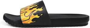 Flame Print Rubber Slippers Men,Flat Slide Sandals, Indoor Outdoor, Black with Yellow Fire Design, Large Size,