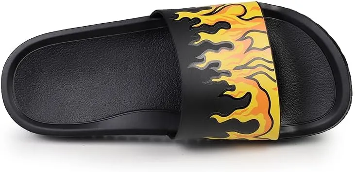 Flame Print Rubber Slippers Men,Flat Slide Sandals, Indoor Outdoor, Black with Yellow Fire Design, Large Size,