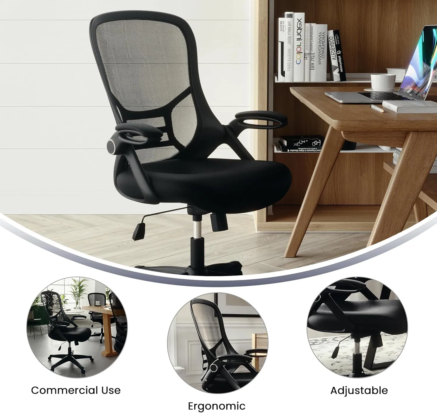 Flash Furniture Porter High Back Black Mesh Ergonomic Swivel Office Chair with Black Frame and Flip-up Arms