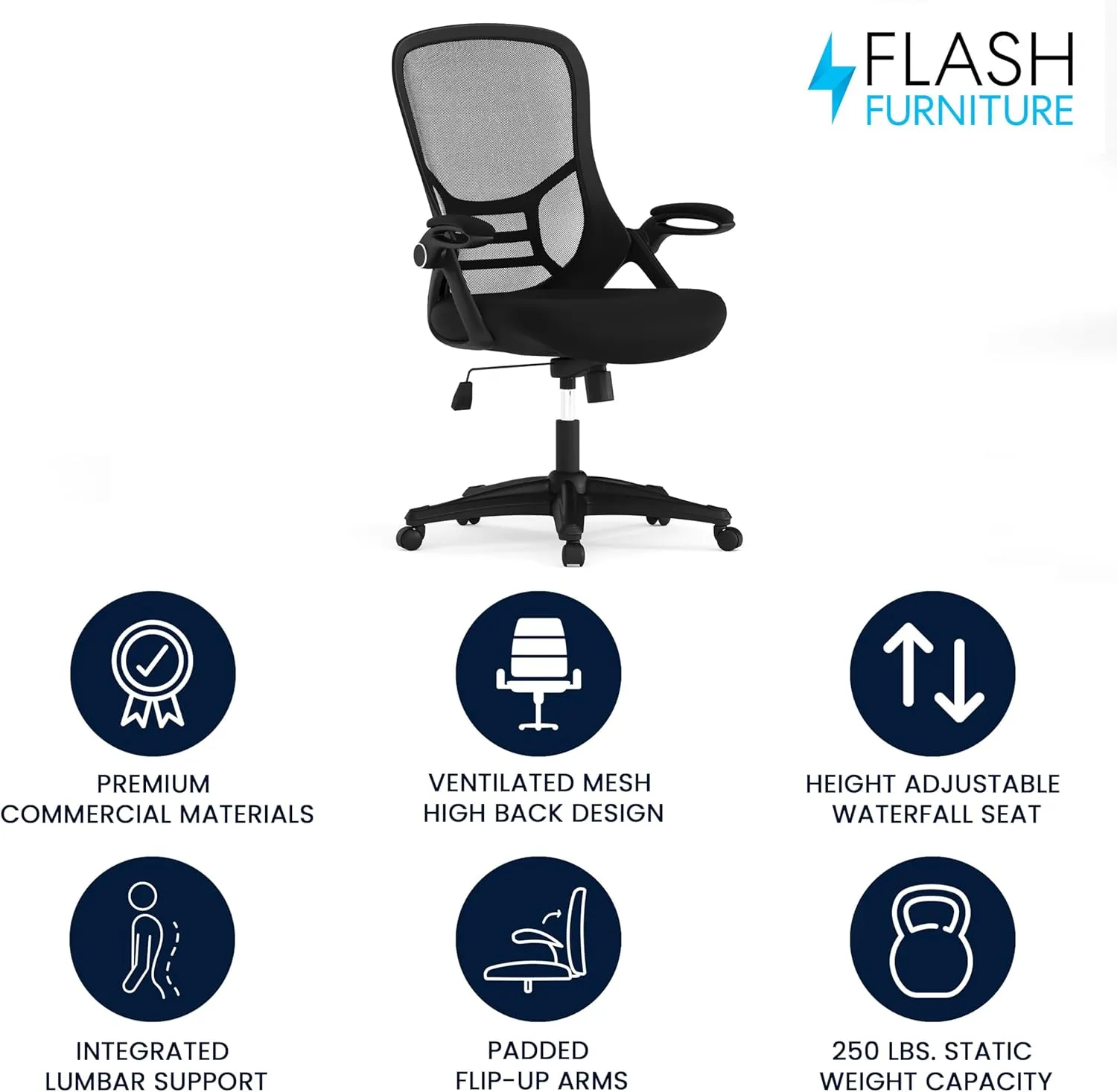 Flash Furniture Porter High Back Black Mesh Ergonomic Swivel Office Chair with Black Frame and Flip-up Arms