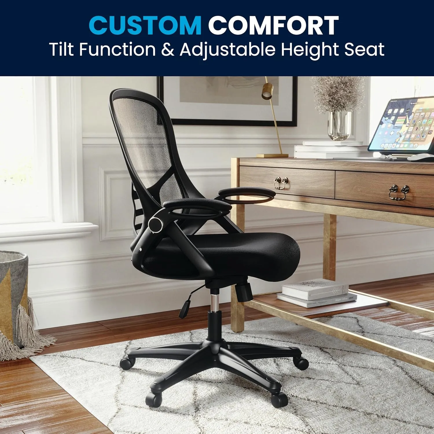 Flash Furniture Porter High Back Black Mesh Ergonomic Swivel Office Chair with Black Frame and Flip-up Arms