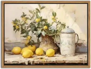 Floating Framed Vintage Kitchen Wall Art, Yellow Lemon Still Life Wall Decor Oil Paintings, Rustic Farmhouse Artwork Canvas Posters Prints Pictures for Living Room Bedroom Home Decor 12x16 Inch