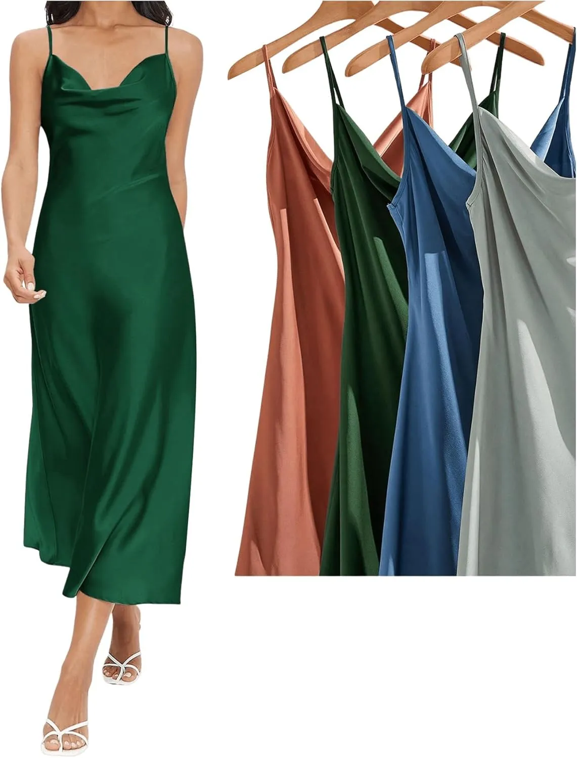 Floerns Women's Spaghetti Strap Cowl Neck Long Slip Satin Silk Midi Dress