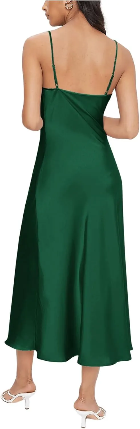Floerns Women's Spaghetti Strap Cowl Neck Long Slip Satin Silk Midi Dress