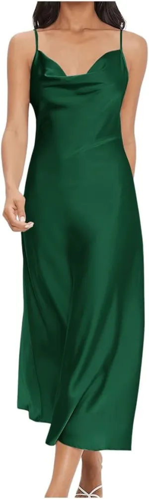 Floerns Women's Spaghetti Strap Cowl Neck Long Slip Satin Silk Midi Dress