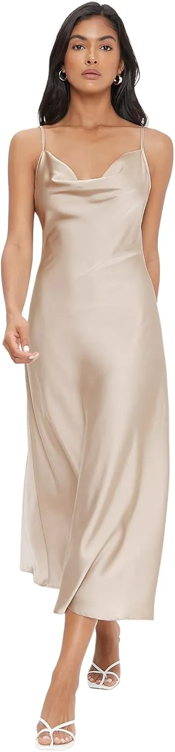 Floerns Women's Spaghetti Strap Cowl Neck Long Slip Satin Silk Midi Dress
