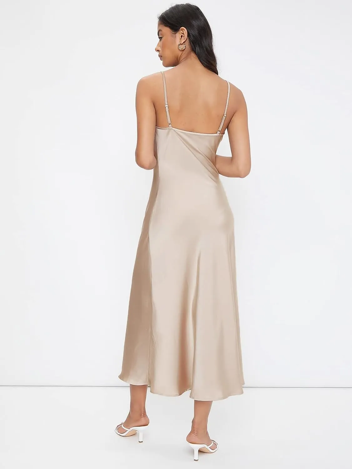Floerns Women's Spaghetti Strap Cowl Neck Long Slip Satin Silk Midi Dress