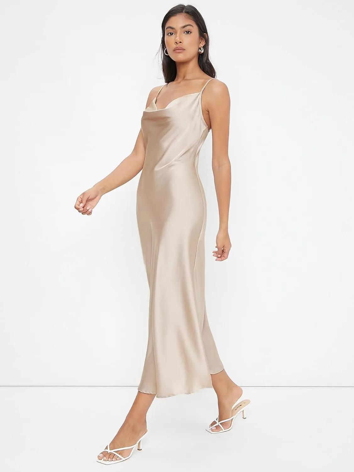 Floerns Women's Spaghetti Strap Cowl Neck Long Slip Satin Silk Midi Dress