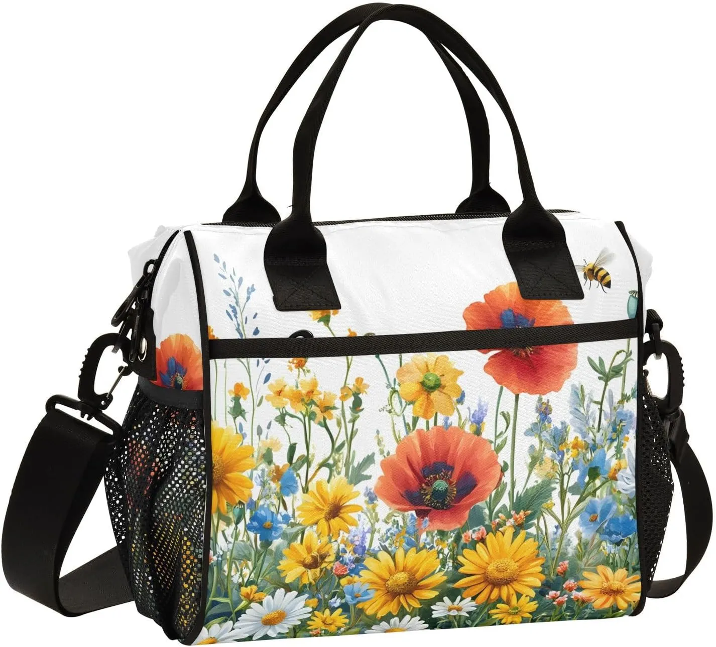 Flower Bed Insulated Lunch Bag 16 Cans with Adjustable Strap, Aluminum Foil Interior Thermal Meal Tote for Work Travel Outdoor-Small Size