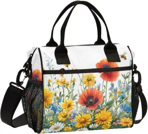 Flower Bed Insulated Lunch Bag 16 Cans with Adjustable Strap, Aluminum Foil Interior Thermal Meal Tote for Work Travel Outdoor-Small Size