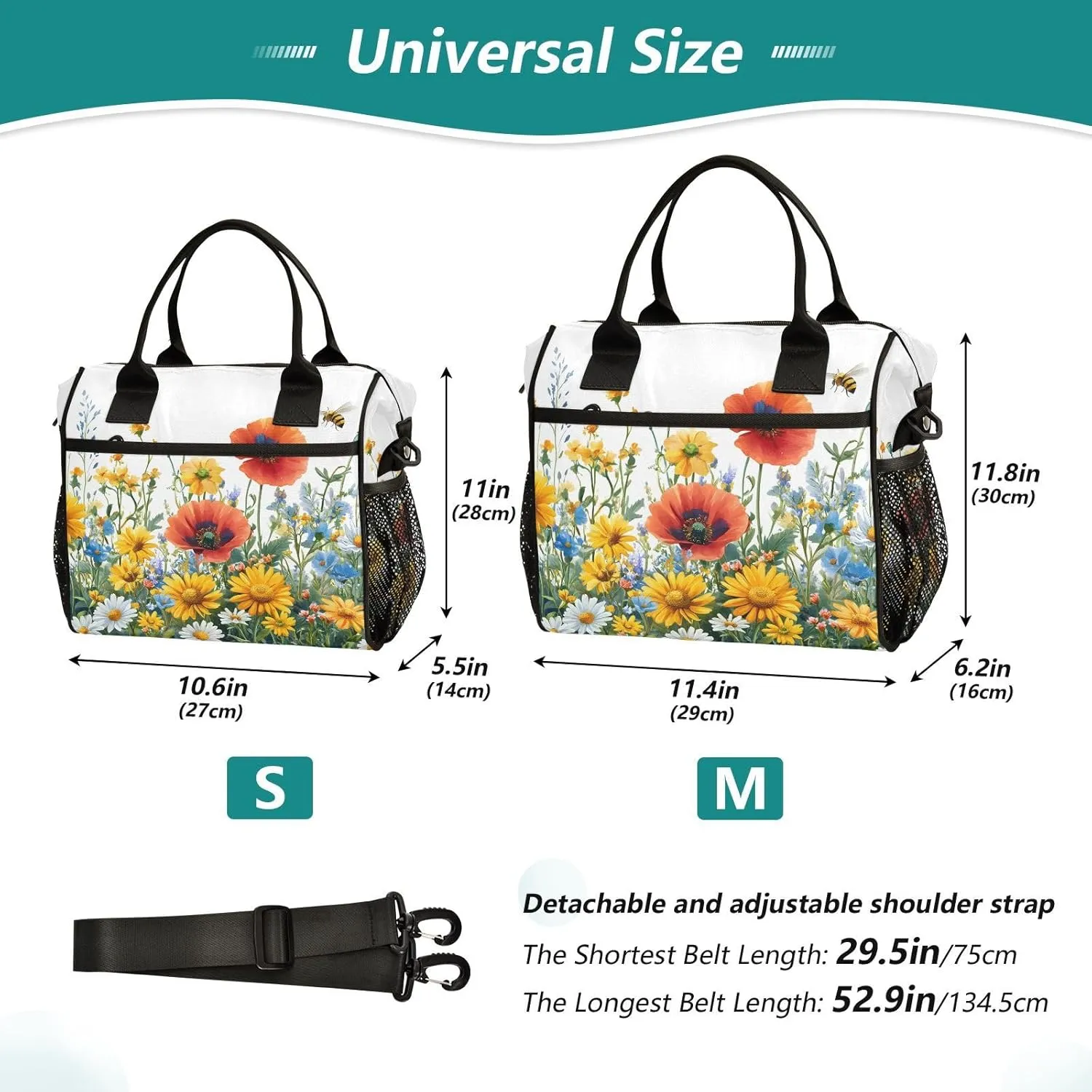 Flower Bed Insulated Lunch Bag 16 Cans with Adjustable Strap, Aluminum Foil Interior Thermal Meal Tote for Work Travel Outdoor-Small Size