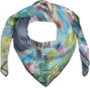 Flowers and Hippos Women's Fashion Kerchief Multipurpose Neckerchief Soft Bandanas for Bag Hair Scarves Gifts 27 Inch