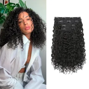 FLUFYMOOZ 4PC Clip in Hair Extensions, 14 Inch 100％ Pure Protein Silk Short Hairpiece Deep Curly Wavy Hair Extensions Clip in Natural Soft Hairpiece for Women-Black Brown