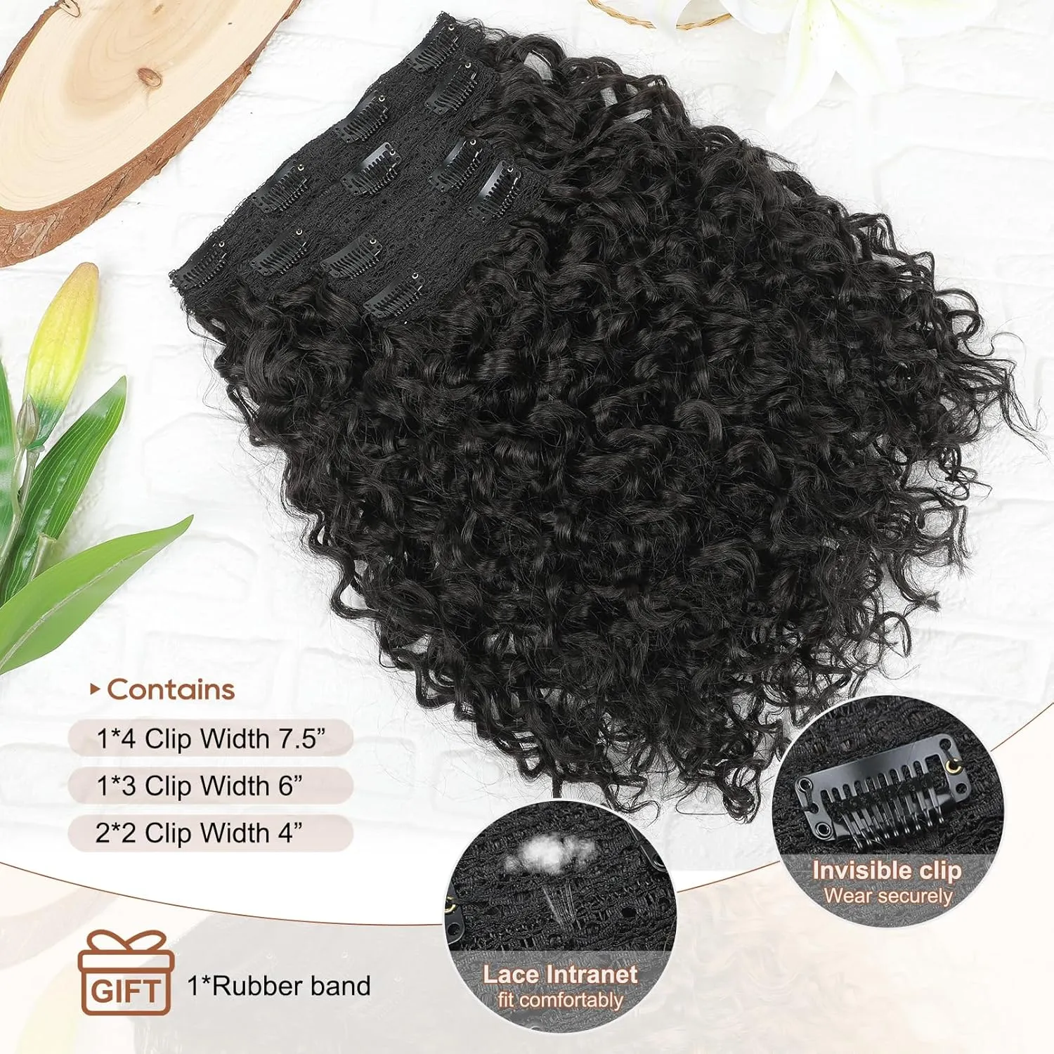 FLUFYMOOZ 4PC Clip in Hair Extensions, 14 Inch 100％ Pure Protein Silk Short Hairpiece Deep Curly Wavy Hair Extensions Clip in Natural Soft Hairpiece for Women-Black Brown