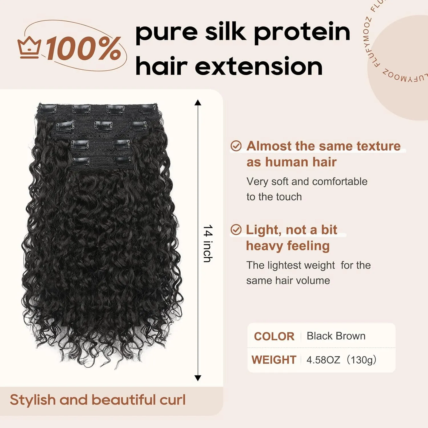 FLUFYMOOZ 4PC Clip in Hair Extensions, 14 Inch 100％ Pure Protein Silk Short Hairpiece Deep Curly Wavy Hair Extensions Clip in Natural Soft Hairpiece for Women-Black Brown